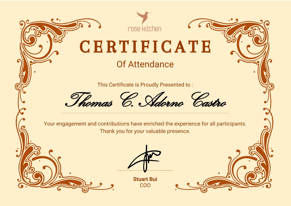 Certificate of attendance from Rose Kitchen, Hanoi
