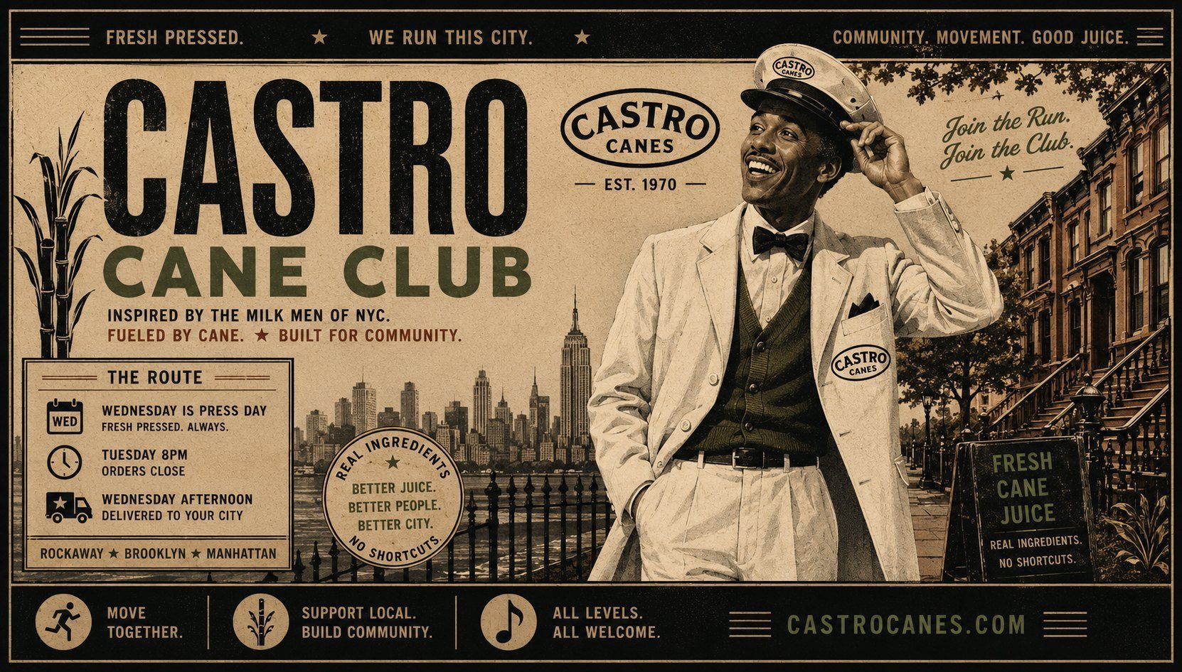 Castro Cane Club poster — fresh pressed Wednesdays, orders close Tuesday 8PM, delivering Rockaway, Brooklyn and Manhattan