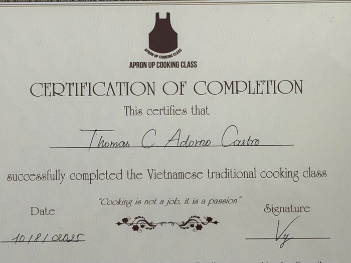 Certificate of completion, Apron Up Cooking Class