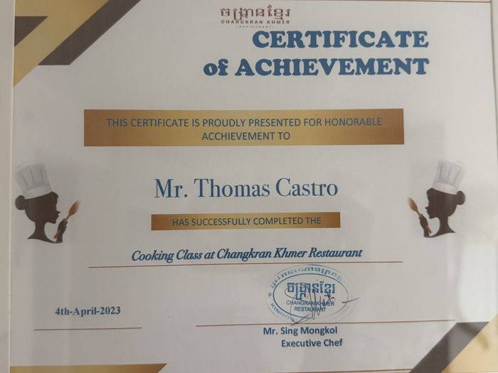 Certificate of achievement, Changkran Khmer Restaurant