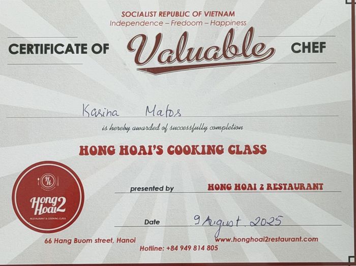 Certificate from Hong Hoai&rsquo;s Cooking Class, Hanoi