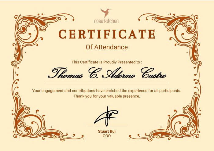 Certificate of attendance, Rose Kitchen, Hanoi