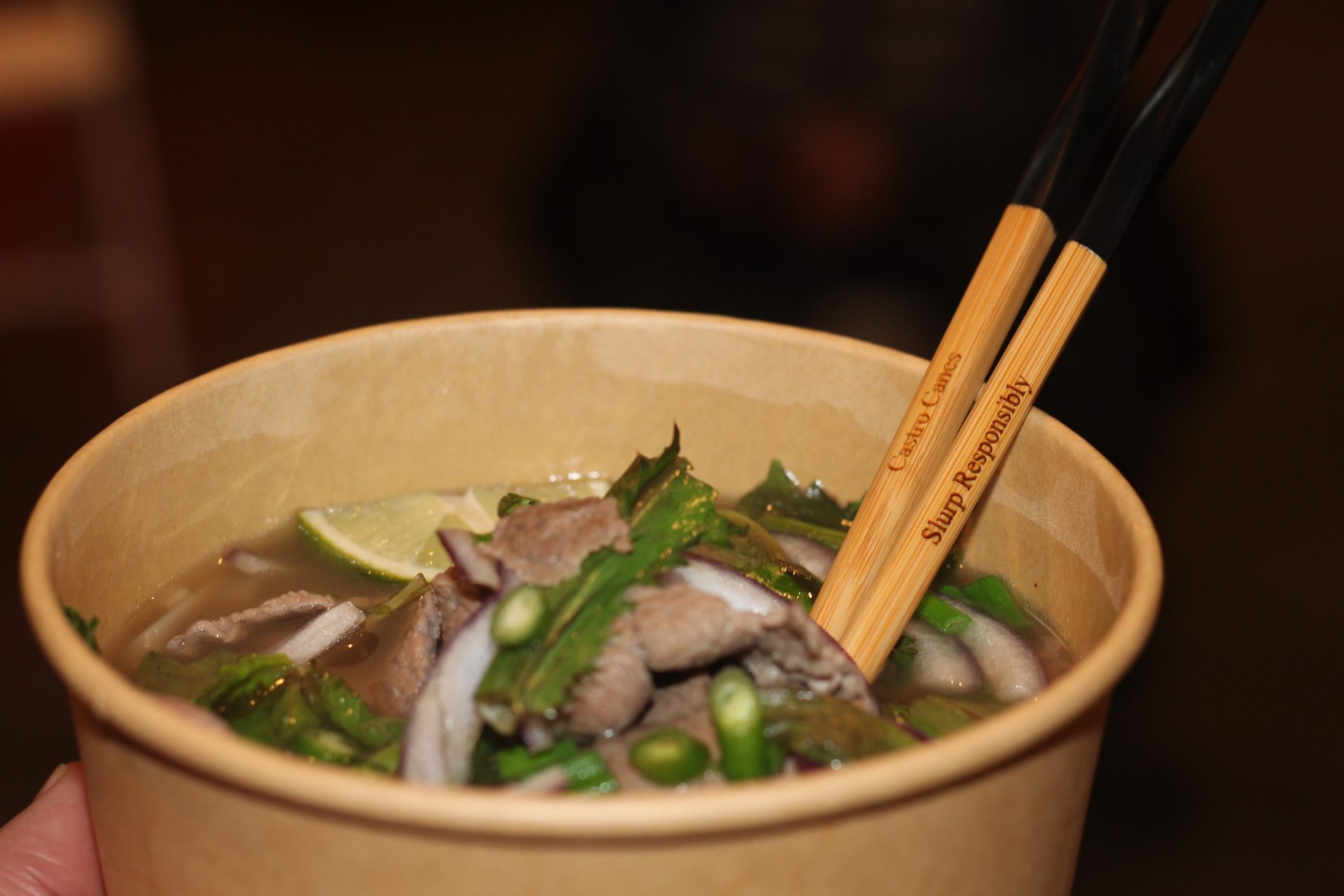 A finished bowl of pho with Castro Canes bamboo chopsticks resting in it