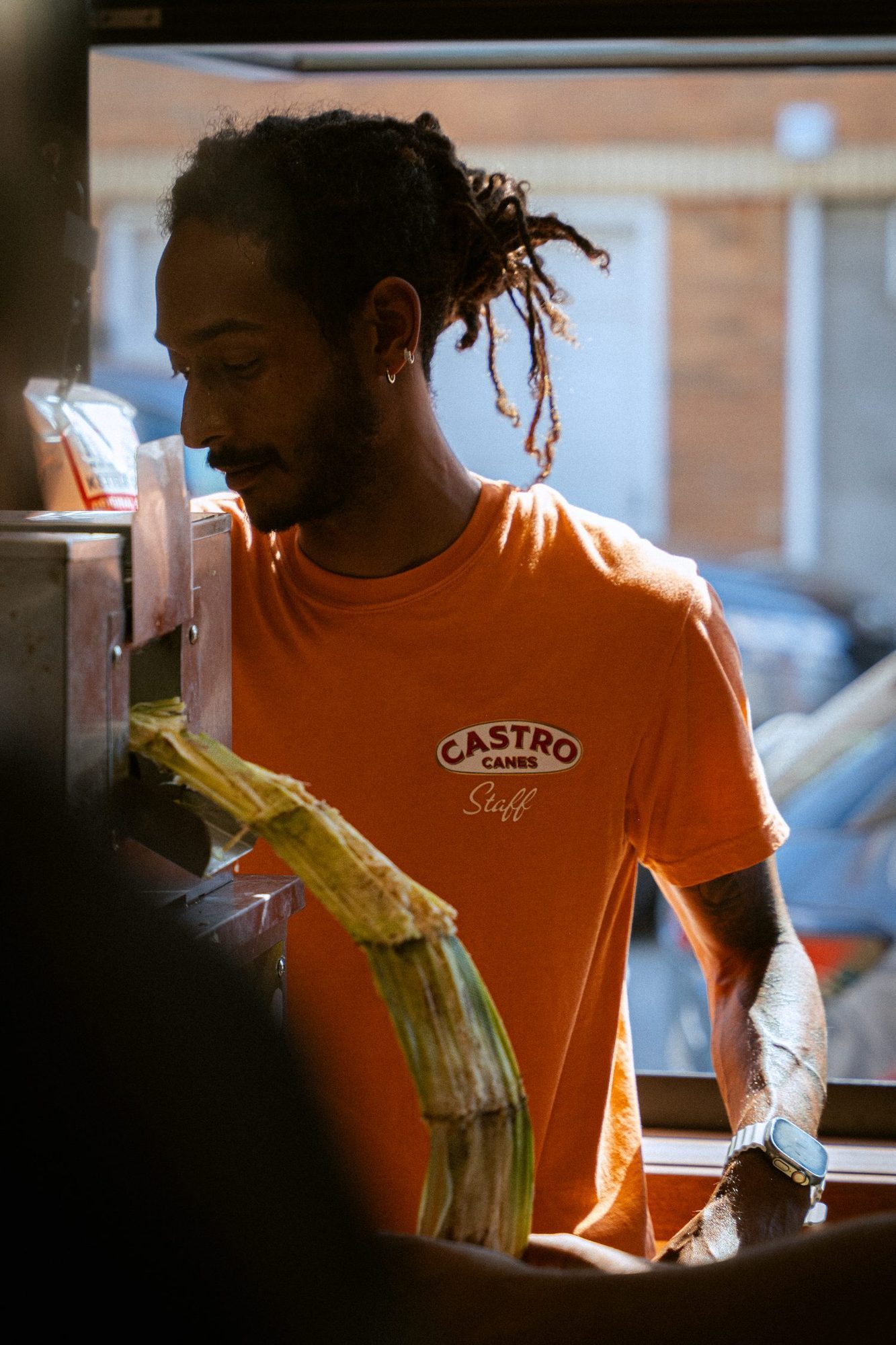 Feeding a stalk of sugarcane into the press