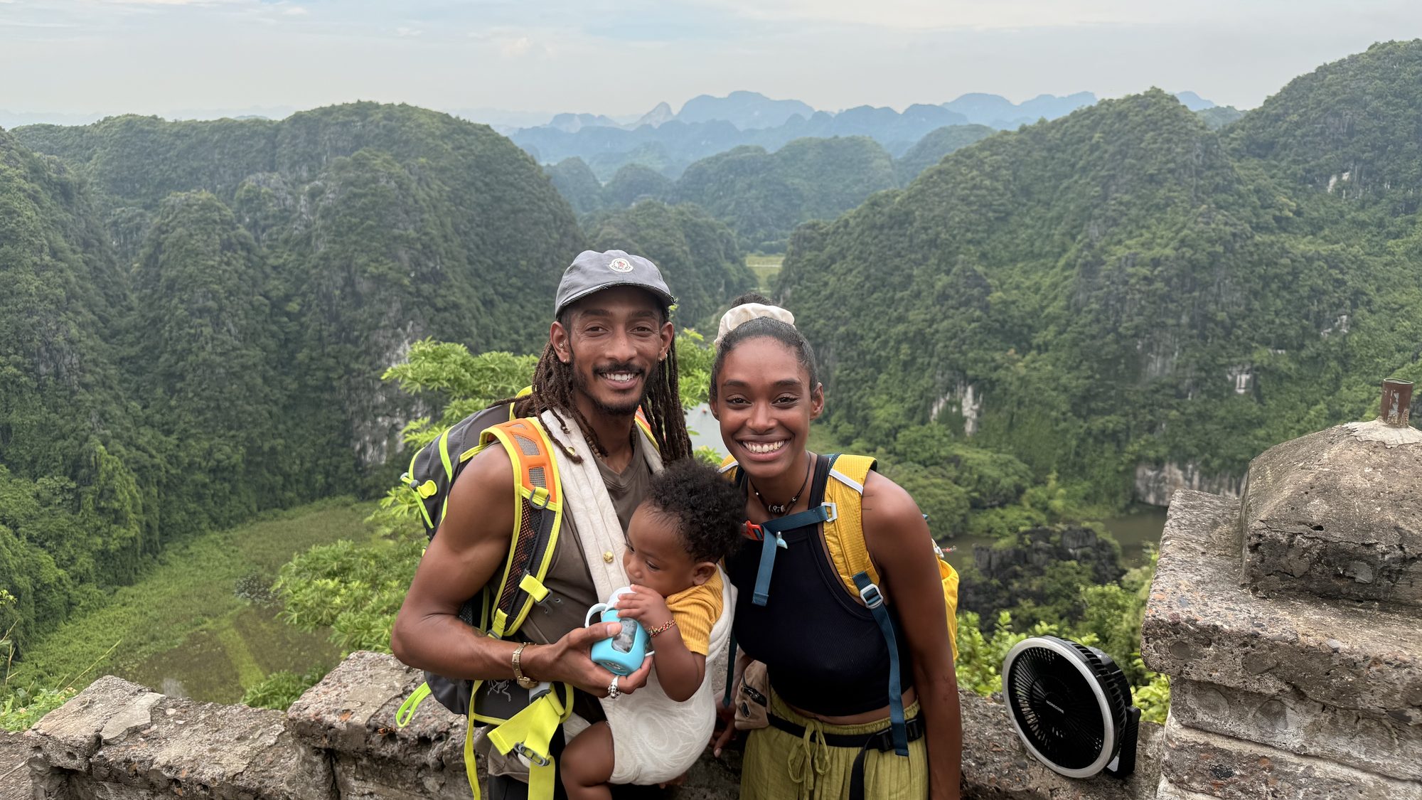 The three of us above the limestone valleys of northern Vietnam