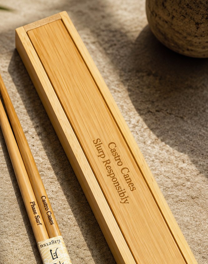 Engraved Castro Canes bamboo chopsticks resting beside their slide-top case marked Slurp Responsibly