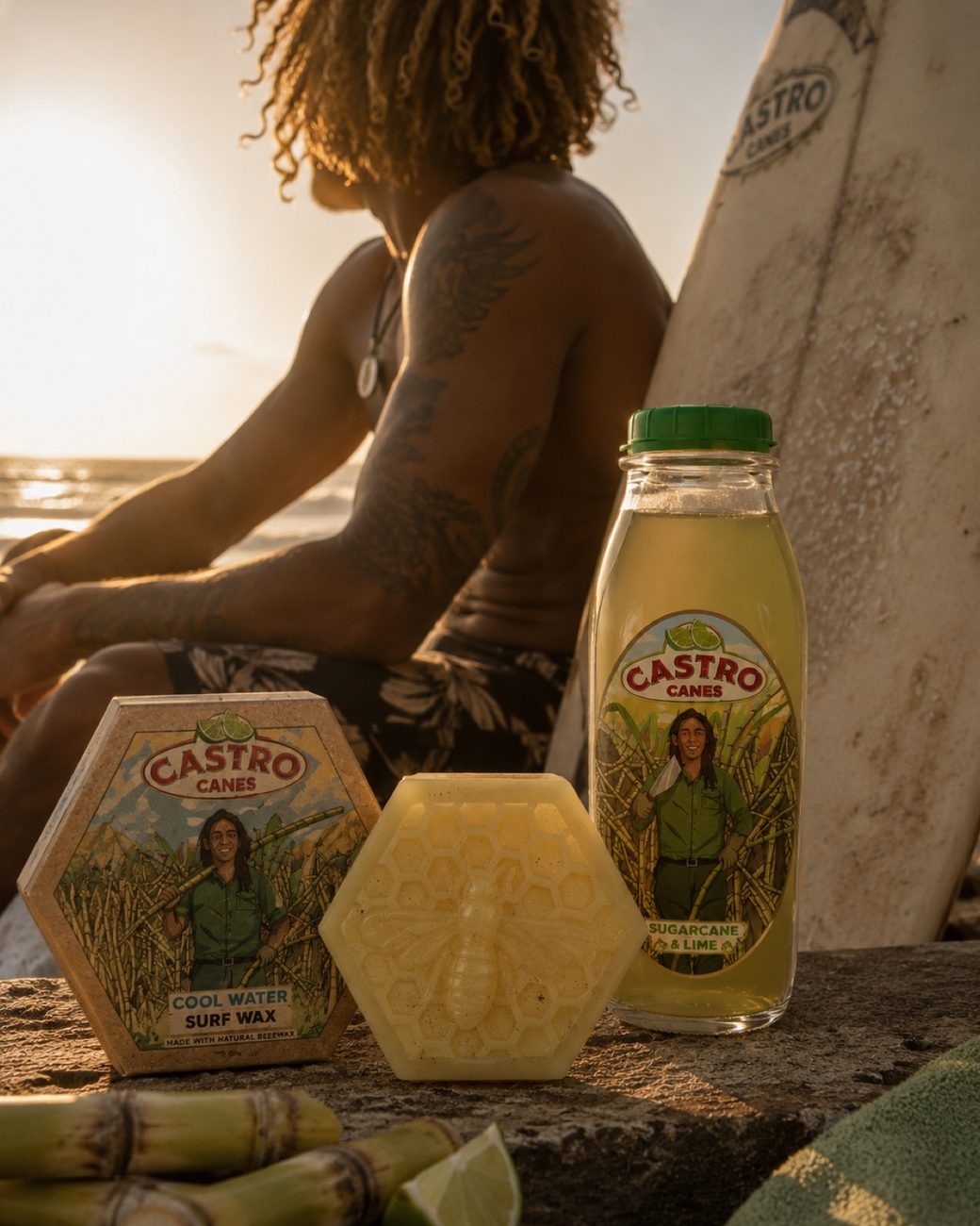 Castro Canes Cool Water Surf Wax bar and box by the coast