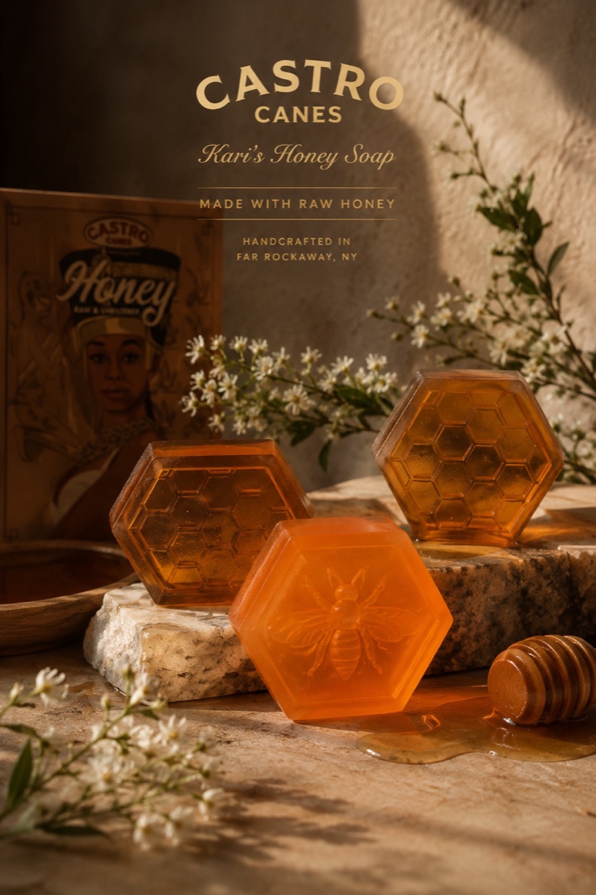 Kari's Honey Soap — honeycomb and bee-embossed raw-honey soap bars, handcrafted in Far Rockaway