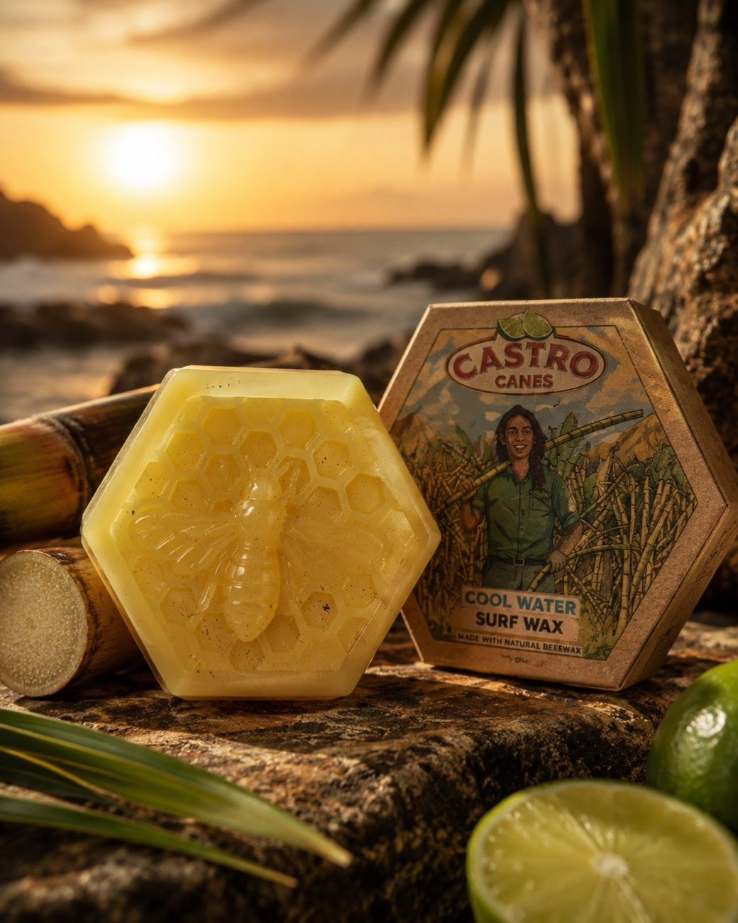Castro Canes Cool Water Surf Wax — honeycomb beeswax bar beside its box on the coast at sunset